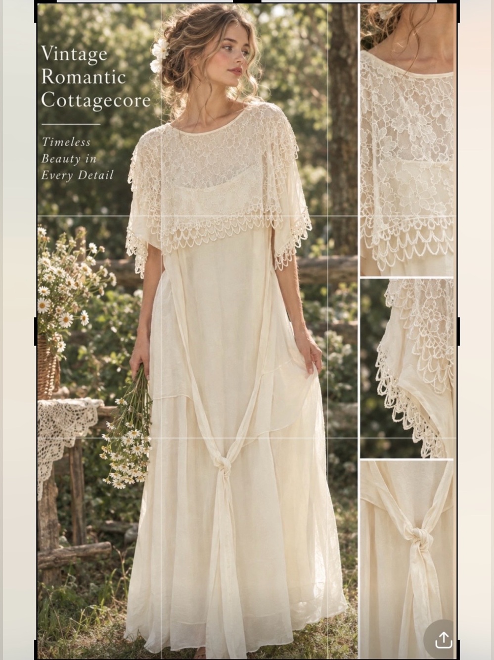 Rare🌟Vintage 80sJessica McClintock Silk Cream Lace Overlay Maxi Dress.Size L